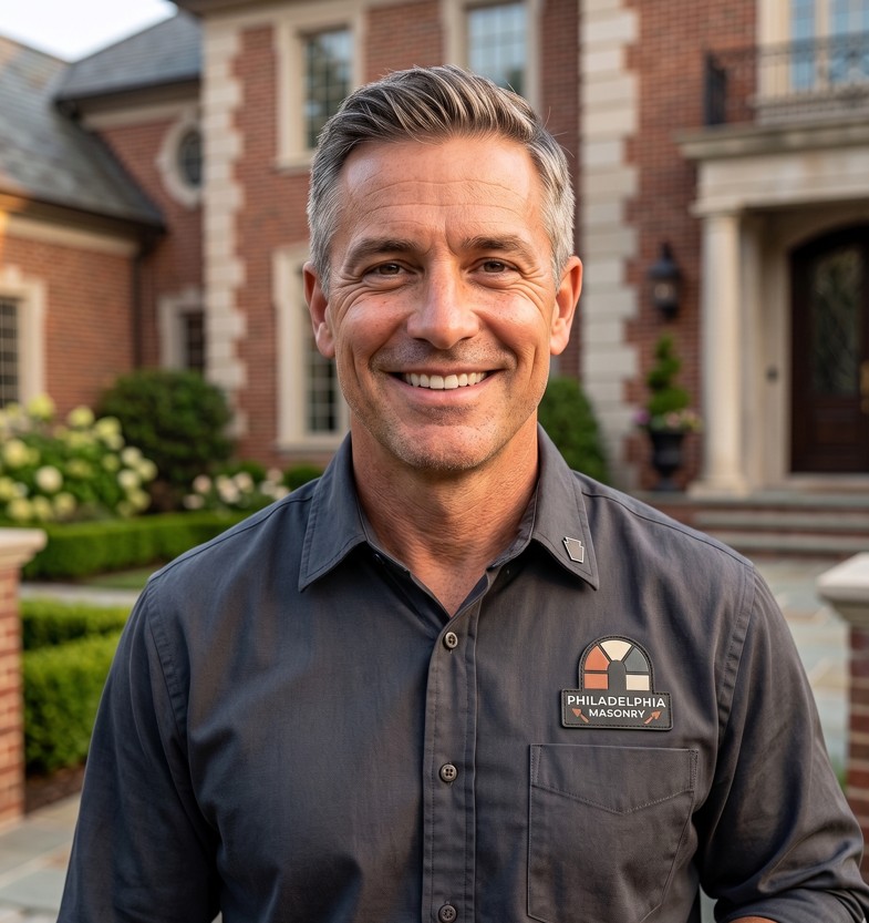 Philadelphia masonry contractor standing in front of a brick home