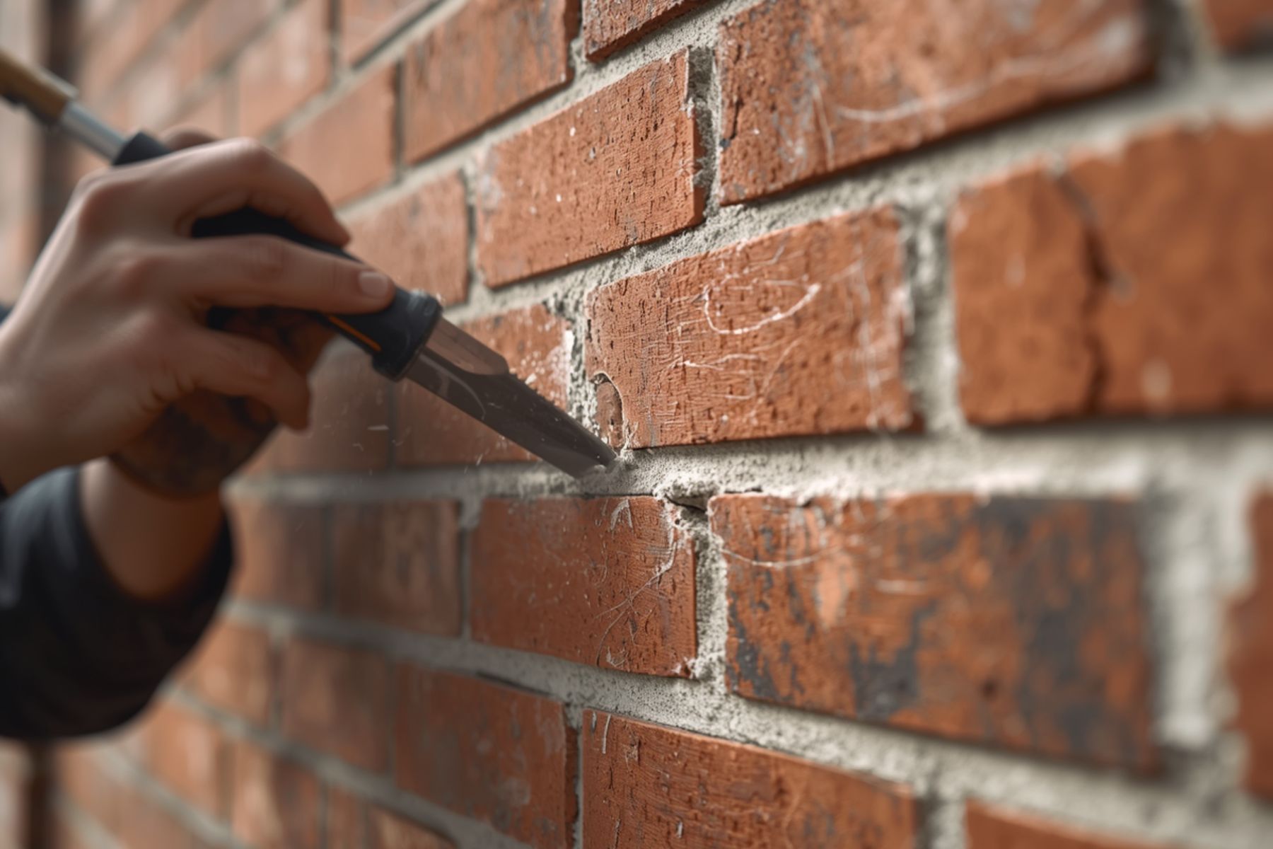 Close brick wall showing worn mortar joints ready for repointing
