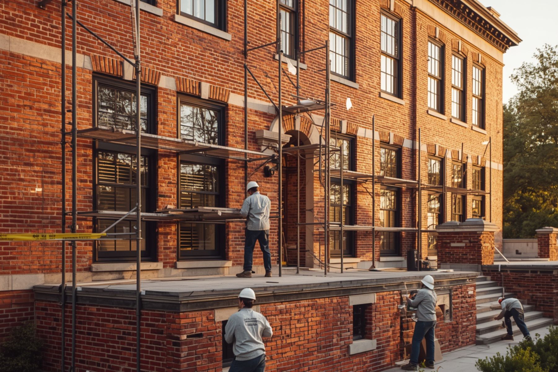 Brick building facade restoration with scaffolding and workers