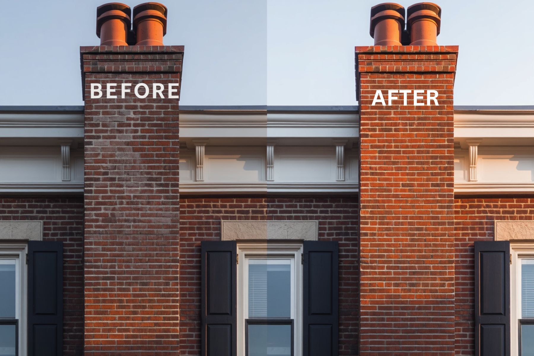 Before-and-after brick chimney masonry restoration