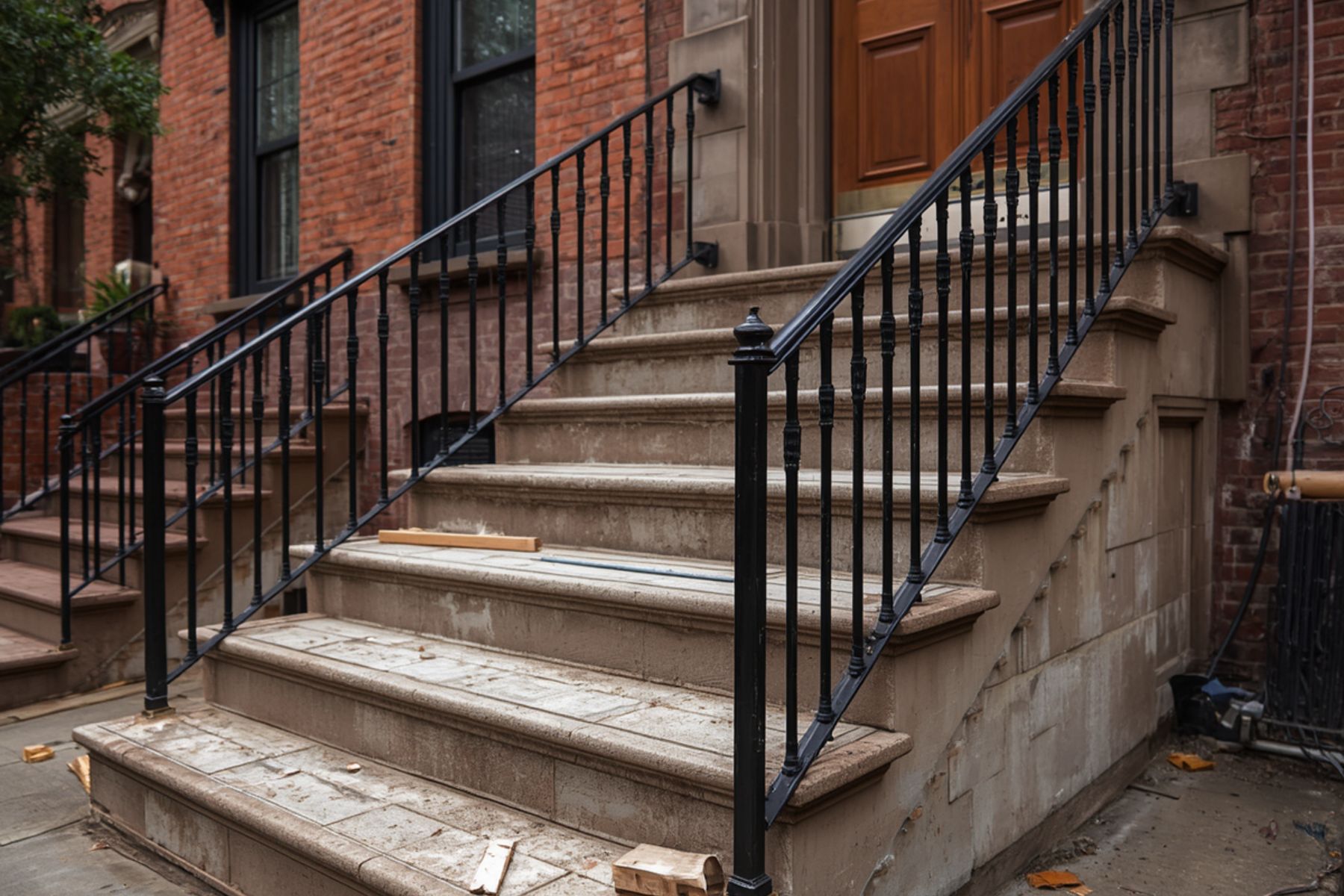 Concrete steps and iron railing outside a Philadelphia rowhome