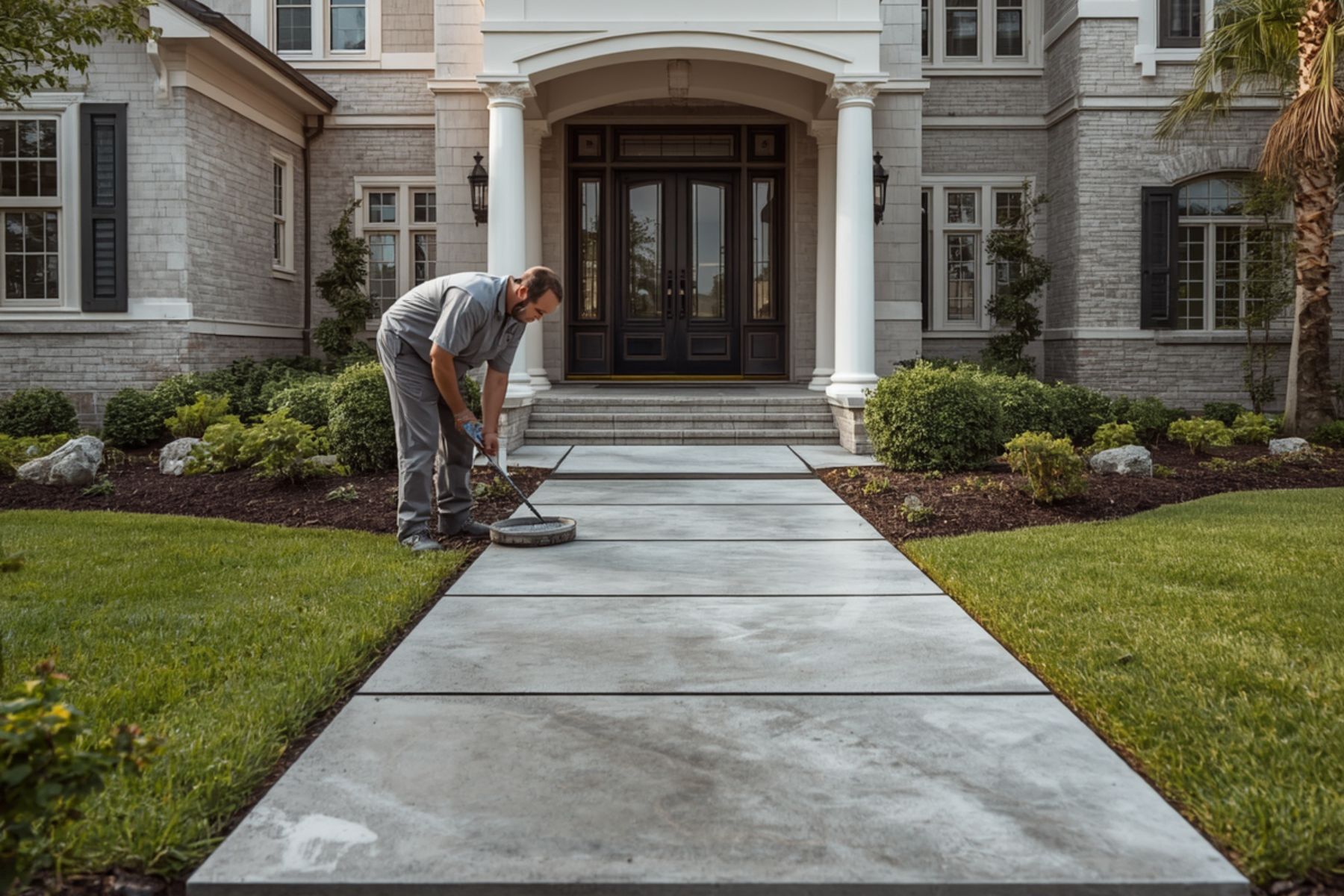 Worker maintaining a concrete walkway in front of a home