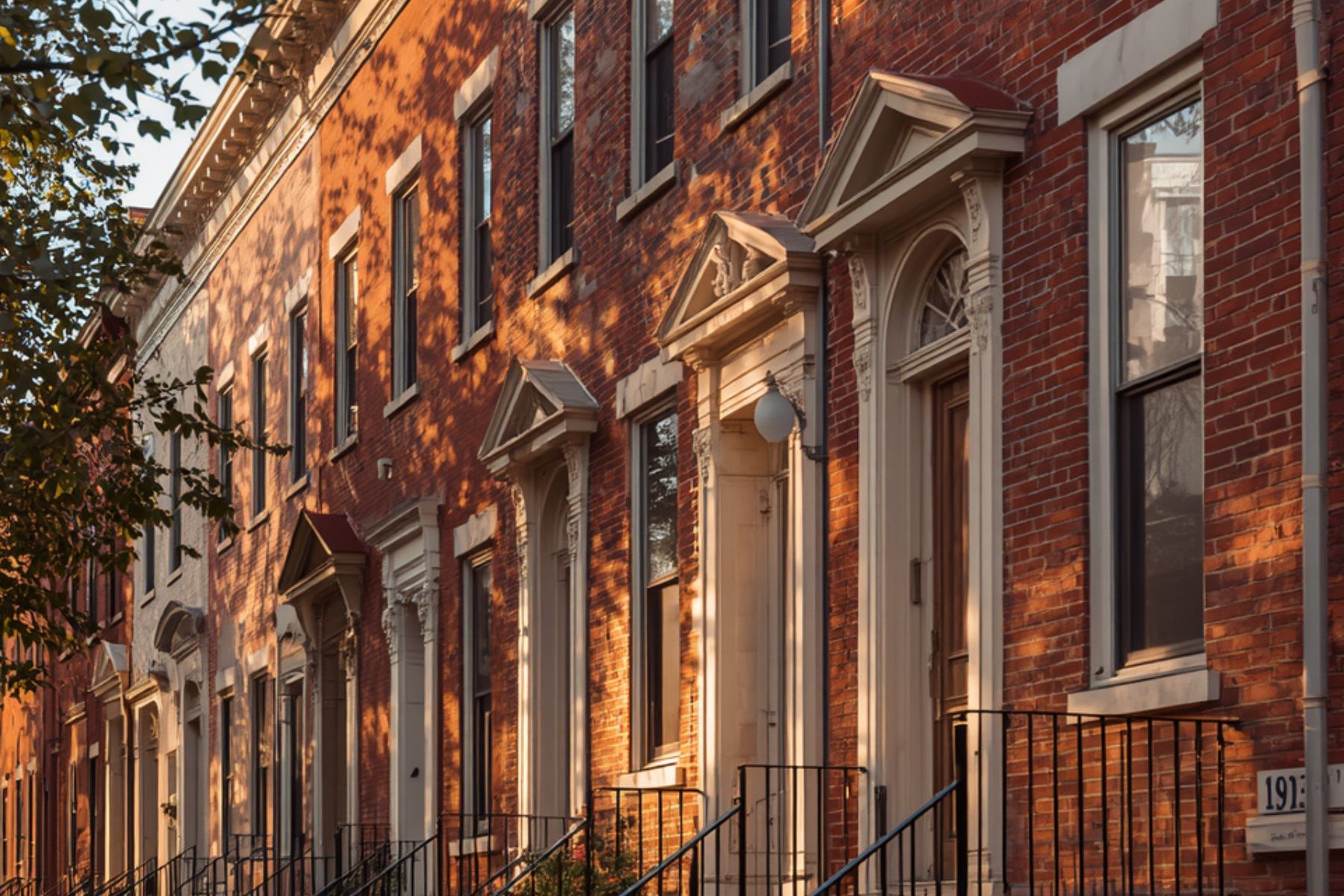 Philadelphia rowhome brick facade with a stair-step crack path