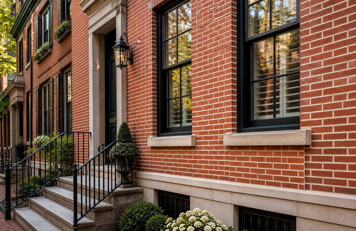 Philadelphia townhouse exterior with freshly pointed brick masonry and crisp mortar lines