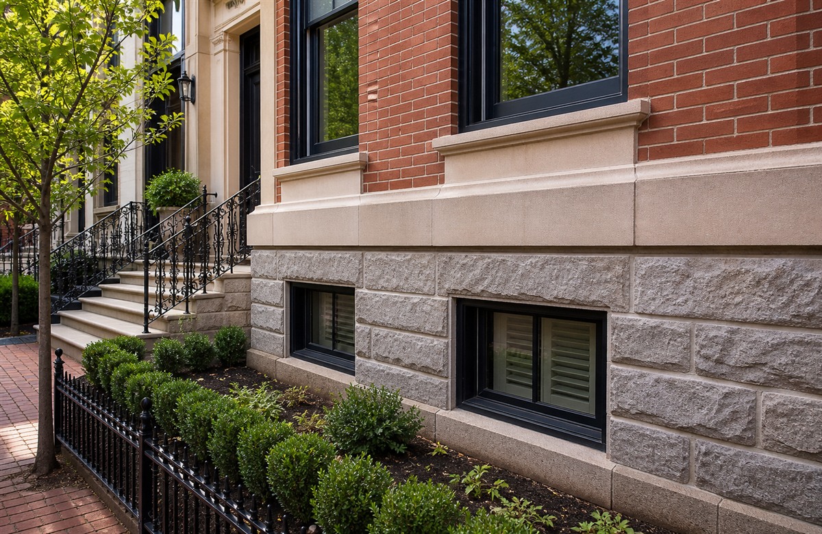 Upscale Philadelphia property with clean masonry foundation and lower wall detail