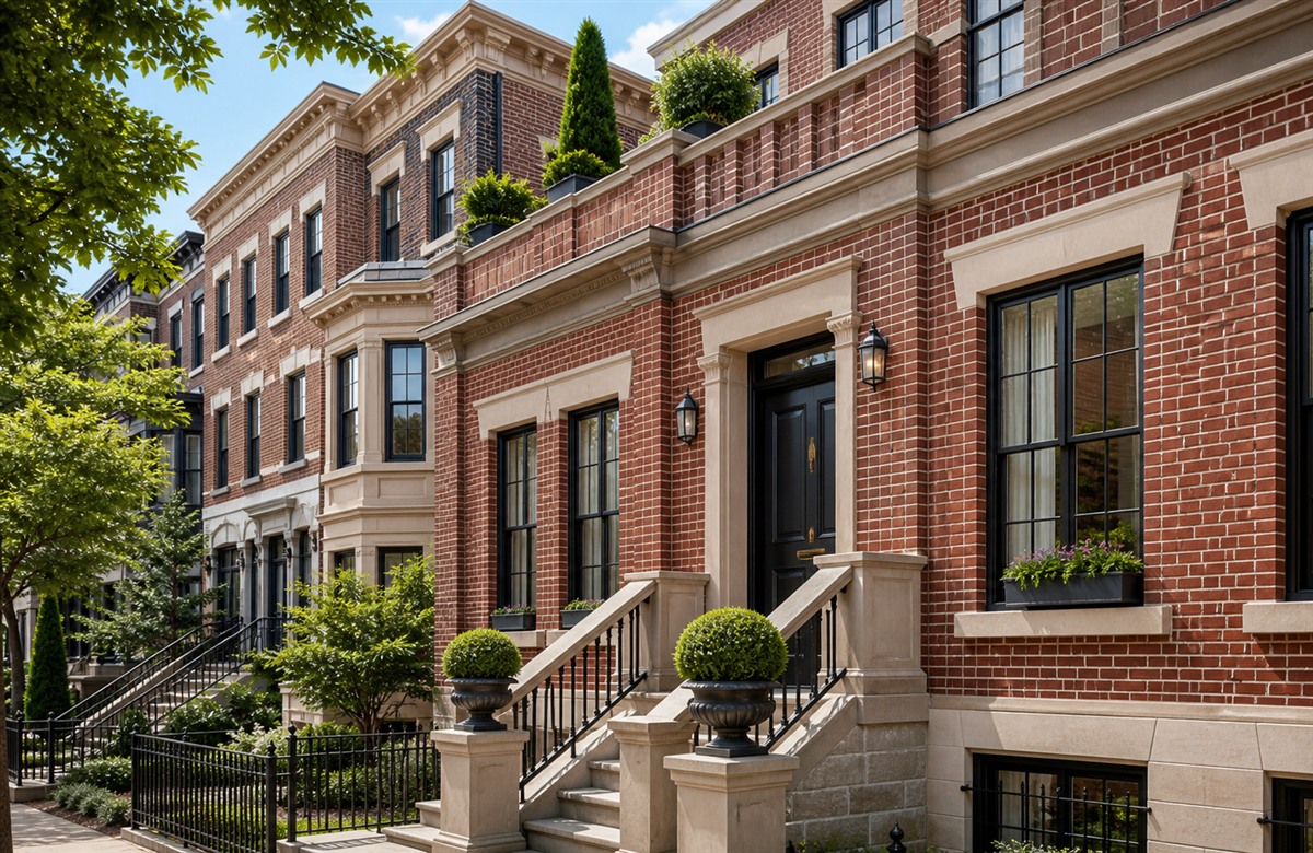 High-end Philadelphia rowhome exterior showing restored brick facade and quality general masonry work