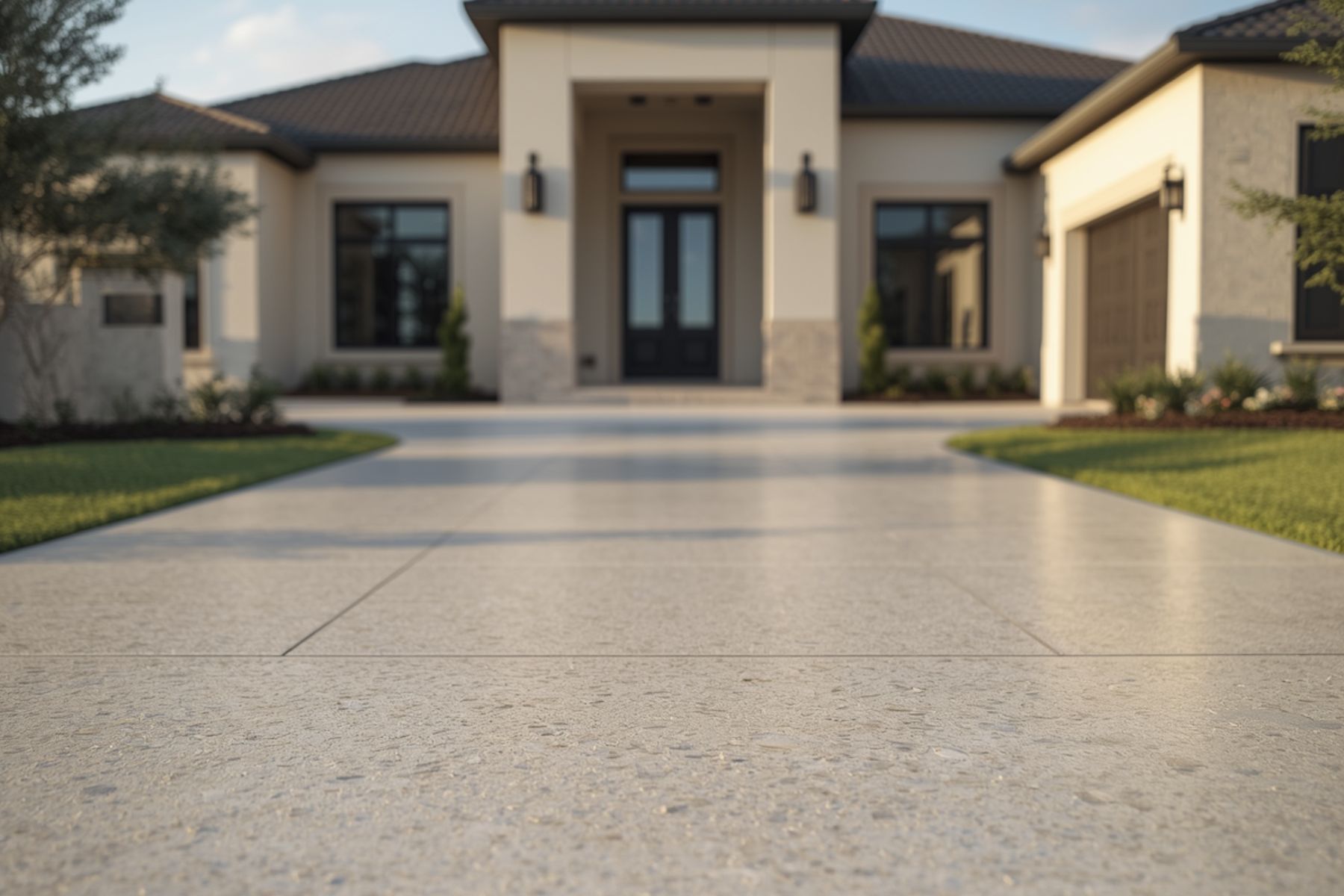 Smooth concrete driveway leading to a residential garage