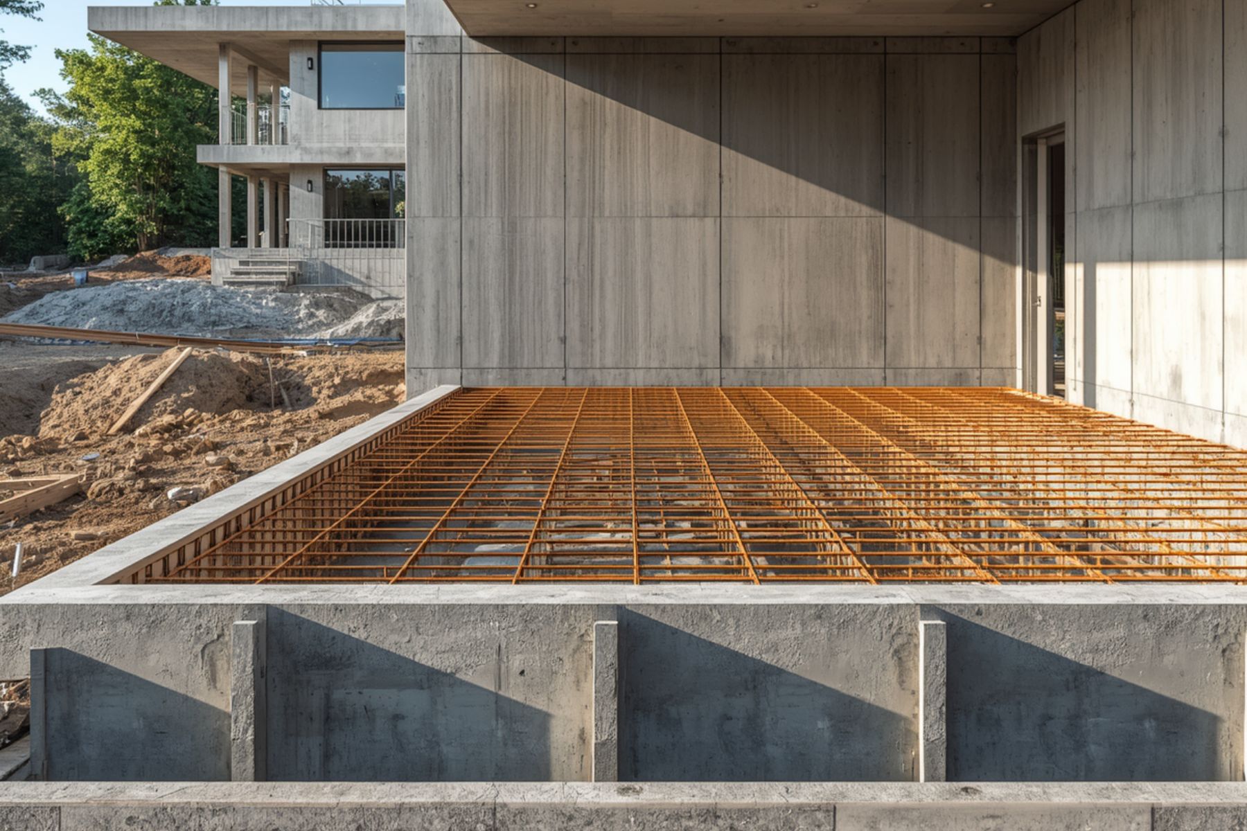 Concrete foundation wall and reinforcement grid at a construction site