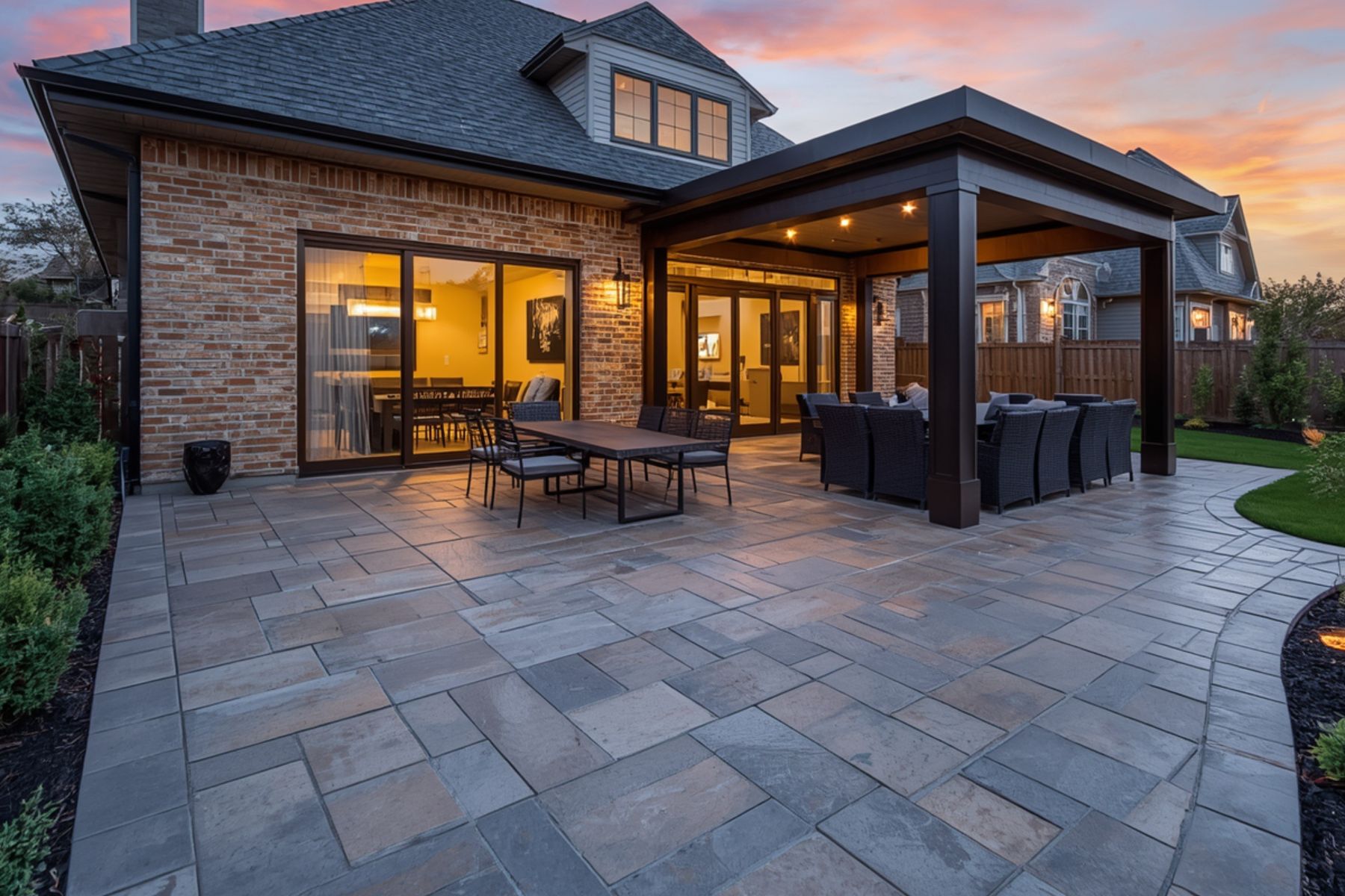 Concrete patio with outdoor dining area behind a brick home