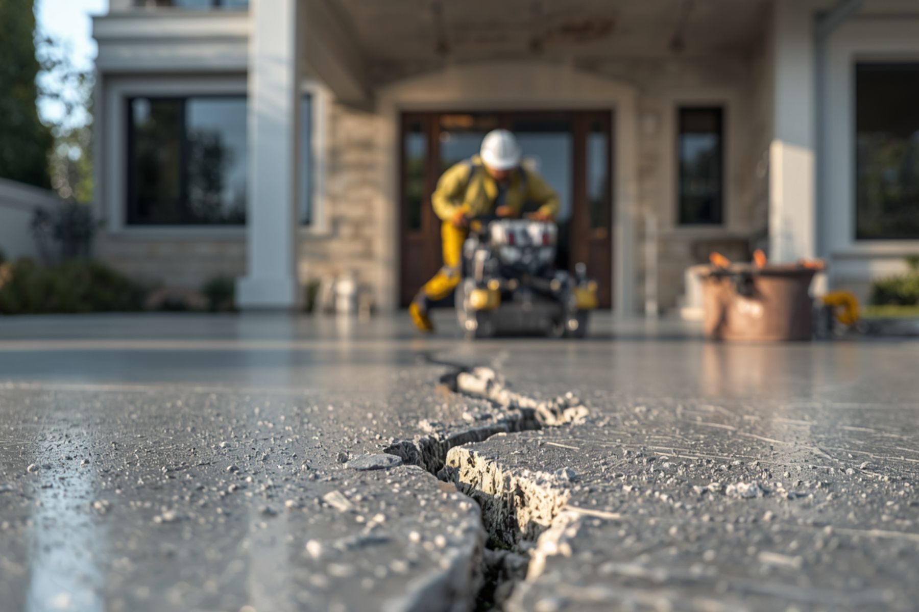 Cracked concrete slab repair area outside a Philadelphia home