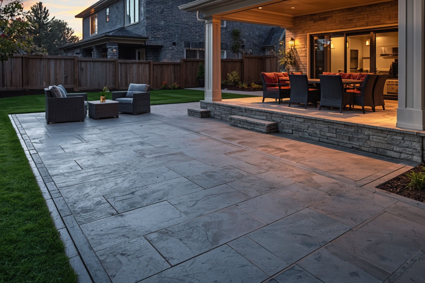 Stamped concrete patio with decorative stone pattern behind a home