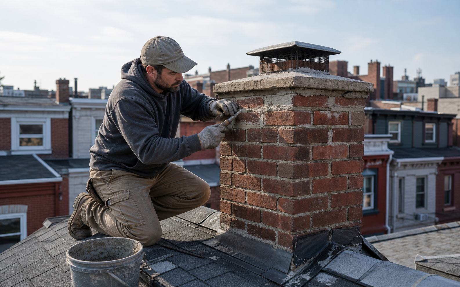 Brick chimney rising from a Philadelphia roofline with masonry cap details