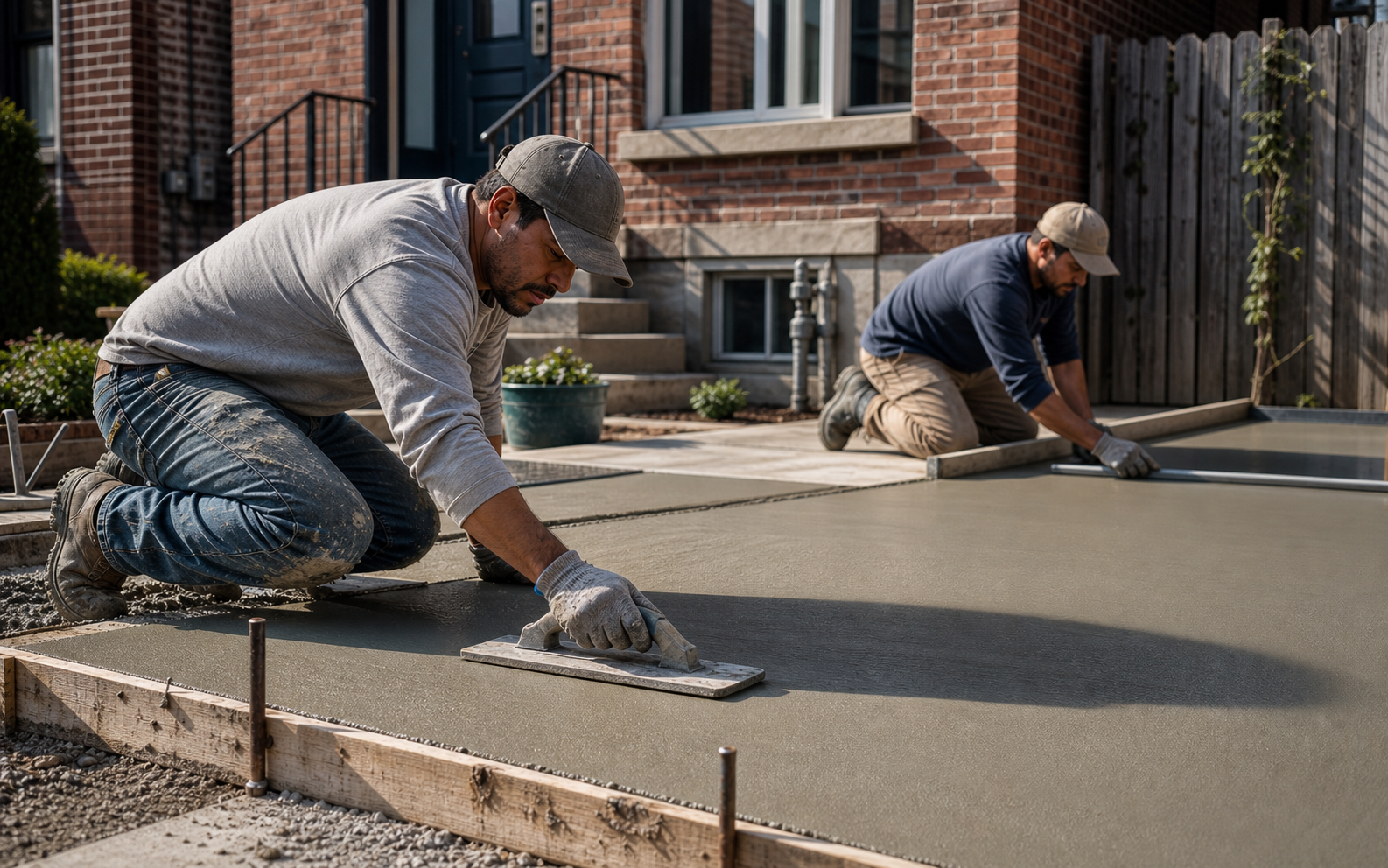 Clean concrete flatwork with expansion joints and urban masonry edges