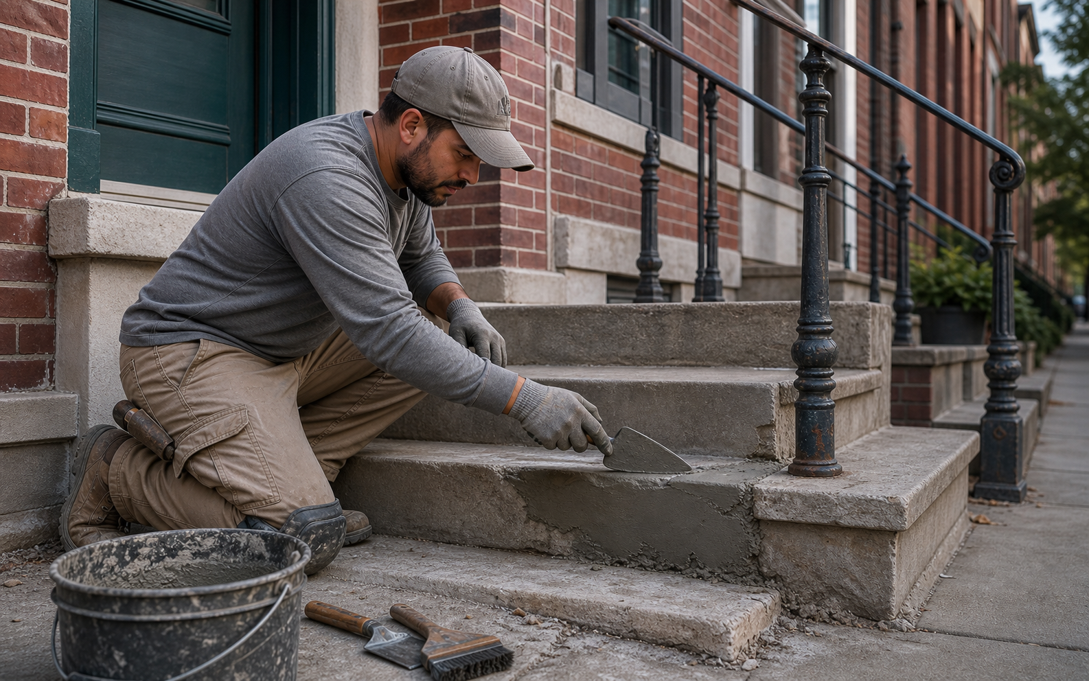 Concrete step repair surface with railing and masonry-adjacent detail