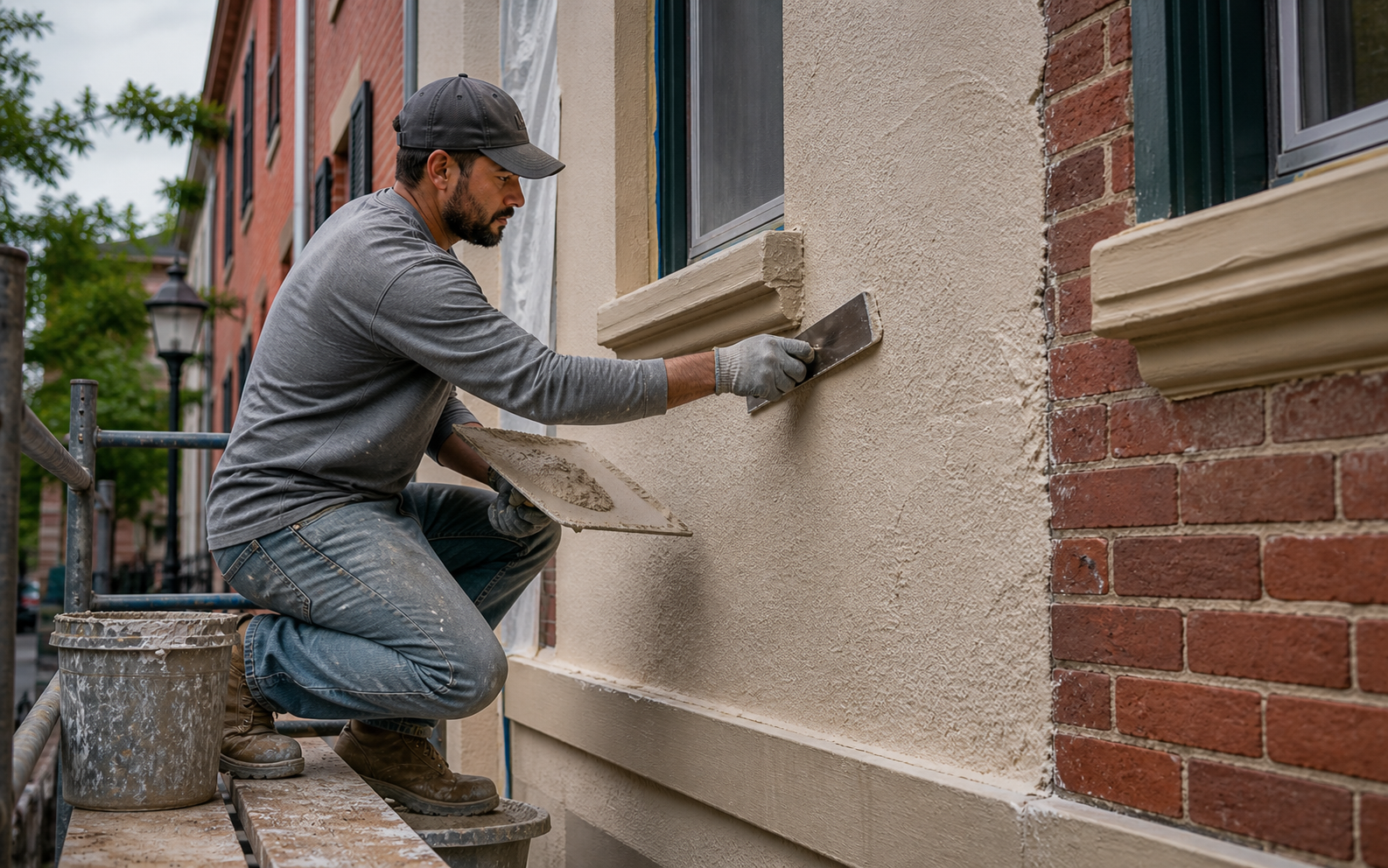Stucco wall texture with subtle cracks and masonry repair context